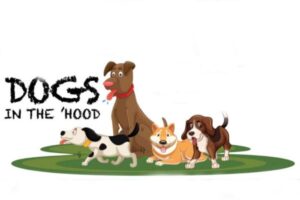 Dogs in the hood feature image - cartoon of 4 dogs on a patch of grass.